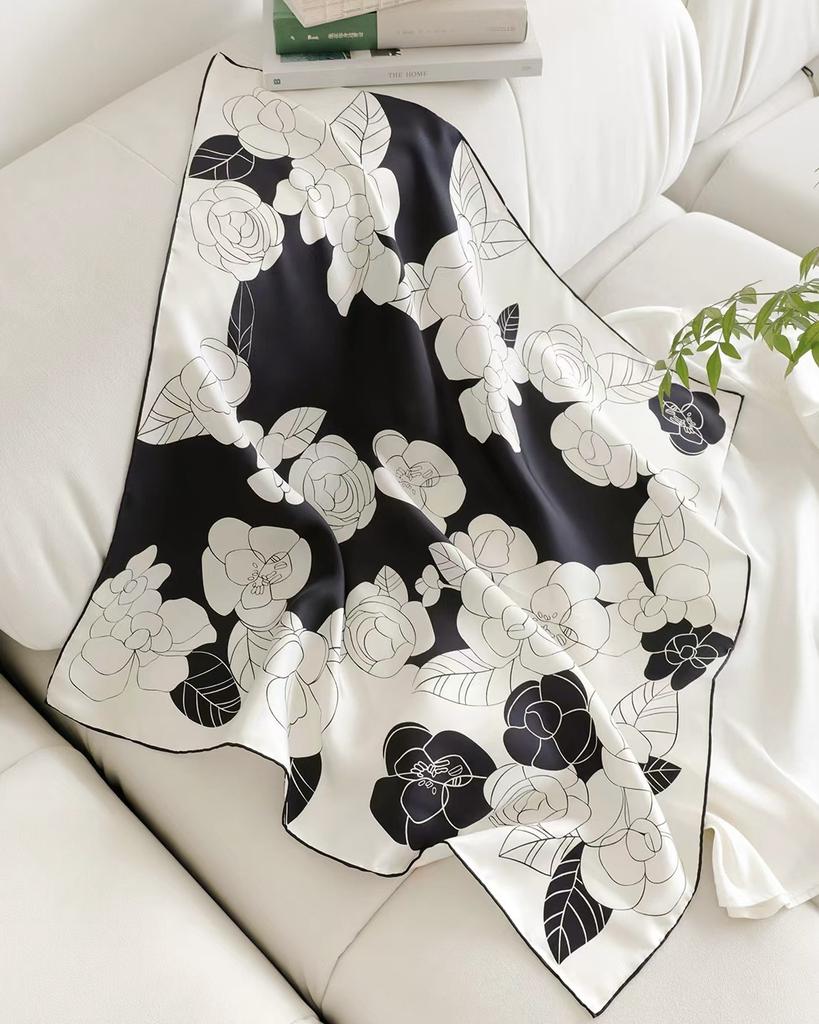 Elegant Purple Flower-Printed Silk Scarf Women Satin Neckerchief Versatile Headwear Bag Clothing And Accessories Square Scarf