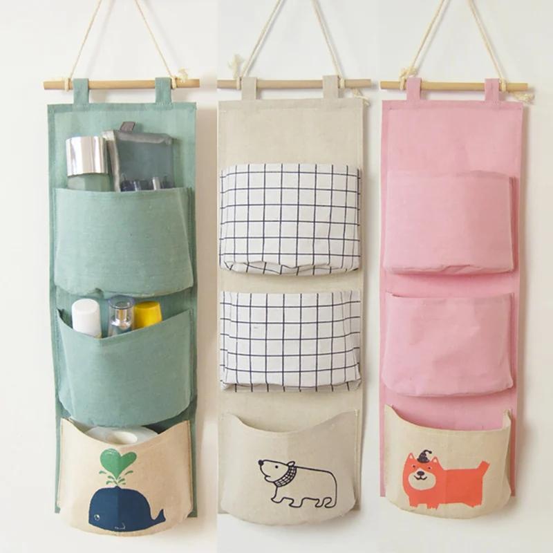3 Pockets Wall-mounted Storage Bag Cotton and Linen Closet Door Sundries Clothes Cosmetic Toys Organizer For Bedroom