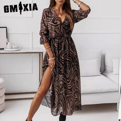 Women's Fashion V-neck Slim-fit Side Split Chiffon Print Dress