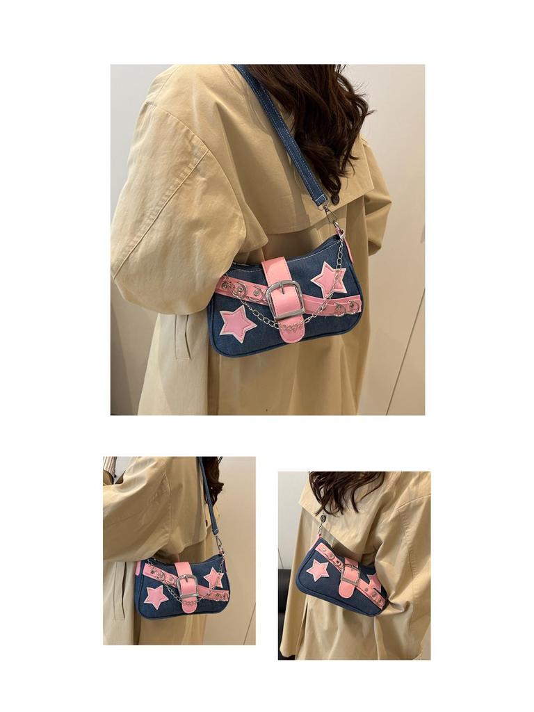 Modna jeansowa torebka na ramię z łańcuszkiem i nitami w kształcie gwiazdy dla kobiet - Jesień 2025
