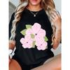 Black Round Neck T Shirt With Pink Flower Print For Casual Wear