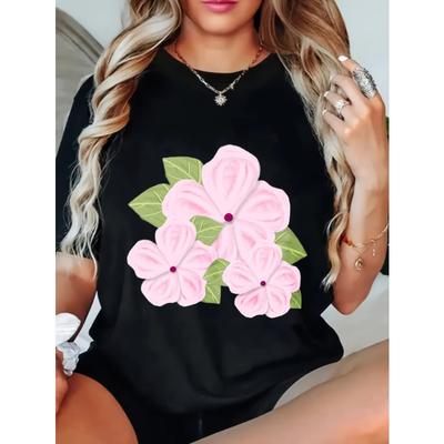 Schwarzes T-Shirt mit Rundhalsausschnitt und rosa Blumenprint für Freizeitkleidung