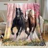 Horses In Blossom Area Print Blanket Lightweight Flannel Throw with Black & Brown Horses & Pink Cherry Blossoms Design