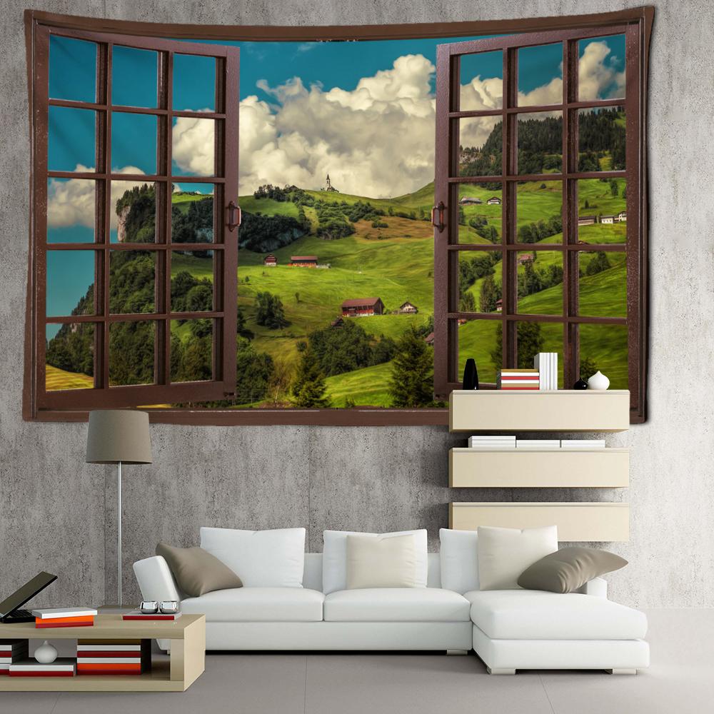 

Окно Хижина на вершине холма Пейзажный гобелен Настенный природный пейзаж Гостиная Спальня Эстетический декор комнаты Фоновая ткань 95x70CM