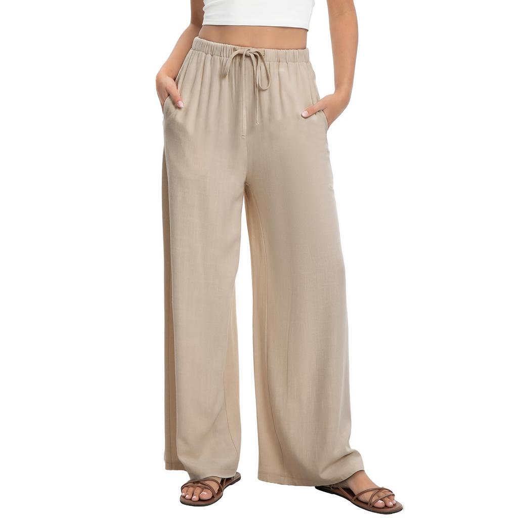 Leinen Freizeit Hosen mit weitem Bein für Damen Elastischer Bund Vielseitig Business Casual Arbeit Palazzo Hosen mit Taschen