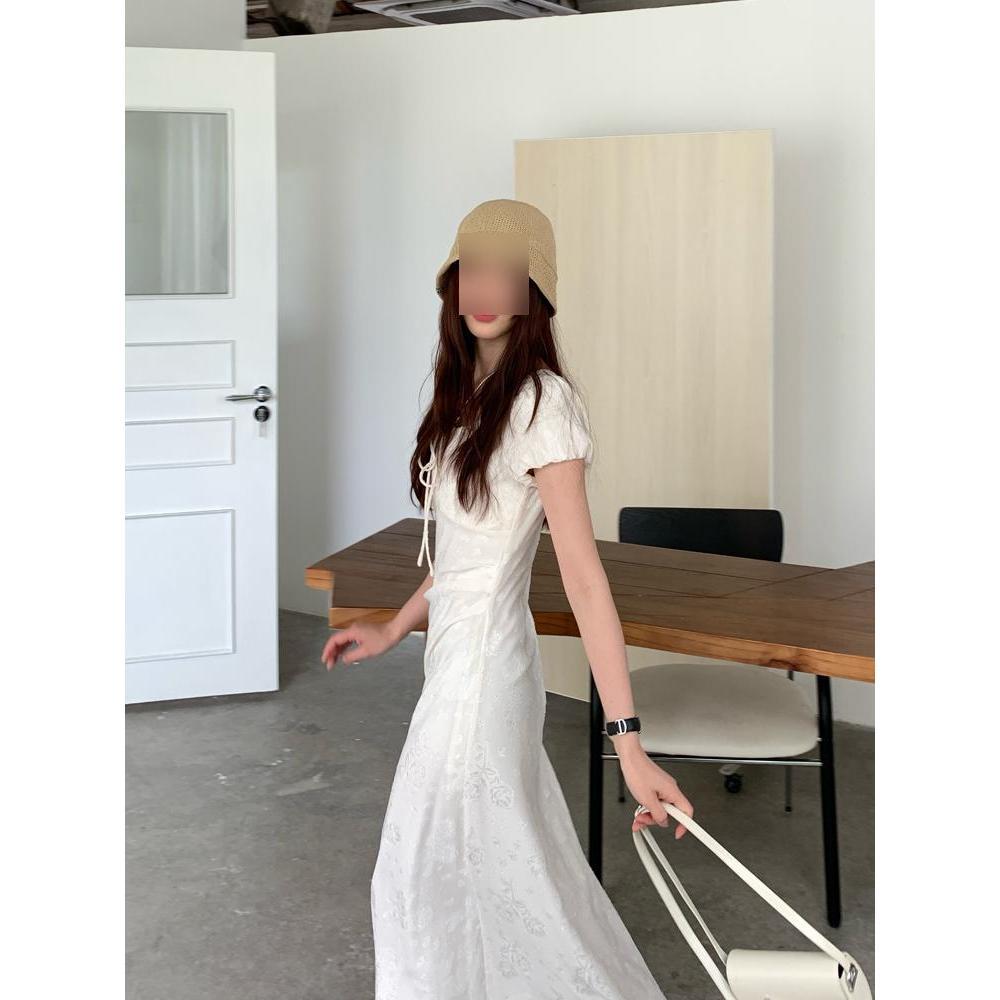 White dress women's summer casual elegant women's elegant jacquard temperament skirt gentle strap long dress