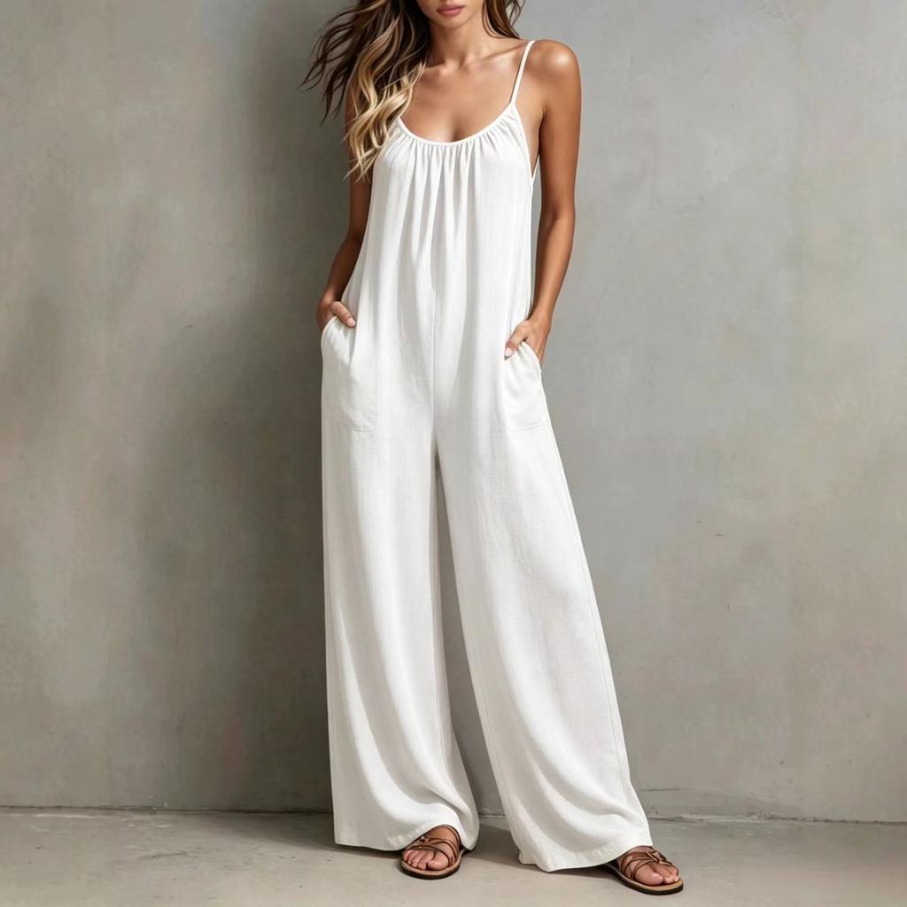 2026 Spring and Summer New European and American Cross-border Women's Clothing Casual Loose Wide-leg with Pockets Seaside Vacation Style Jumpsuit