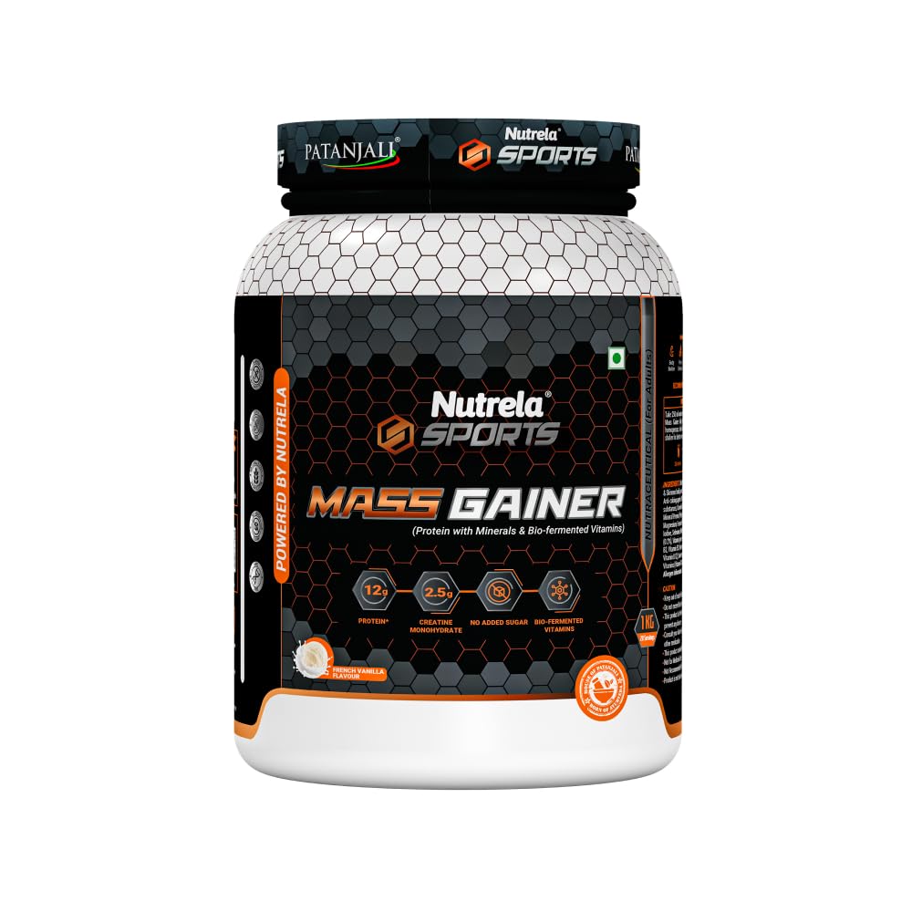 Nutrela Sports Mass Gainer 1KG Vanilla Ice Cream Protein Powder for Muscle Growth and Fitness