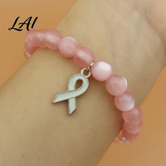 Versatile Commuting Casual Bracelet Breast Cancer Awareness Bracelets for Women Ribbon Support Ornament Charm Beaded Elastic Bracelet Encouragement