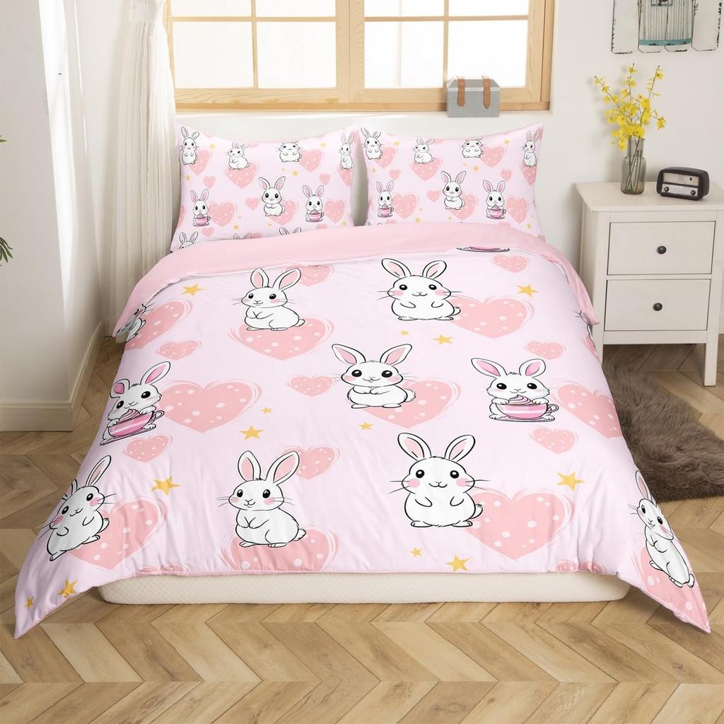 Puppy Dog Duvet Cover Queen King,Cartoon Animal Bedding Set For Kids Boys Girl,Microfiber Watercolor Pink Love Heart Quilt Cover