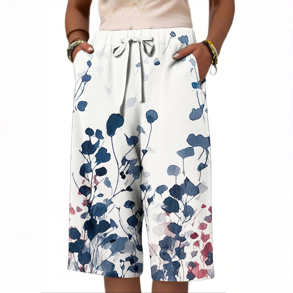 Damen Sommer Farbverlauf Floral Polka Dot Print Knielang Leicht Elastischer Bund Lässig Taschen Shorts