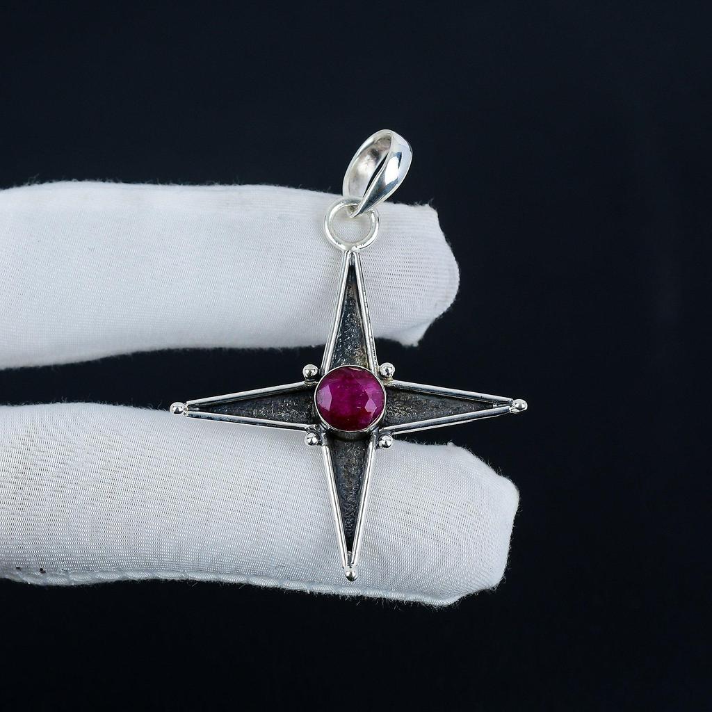 Kashmir Ruby Gemstone Silver Pendant in 925 Sterling Silver - Handmade Star Design, Everyday Wear Jewelry, Unique Designs Pendant Gift