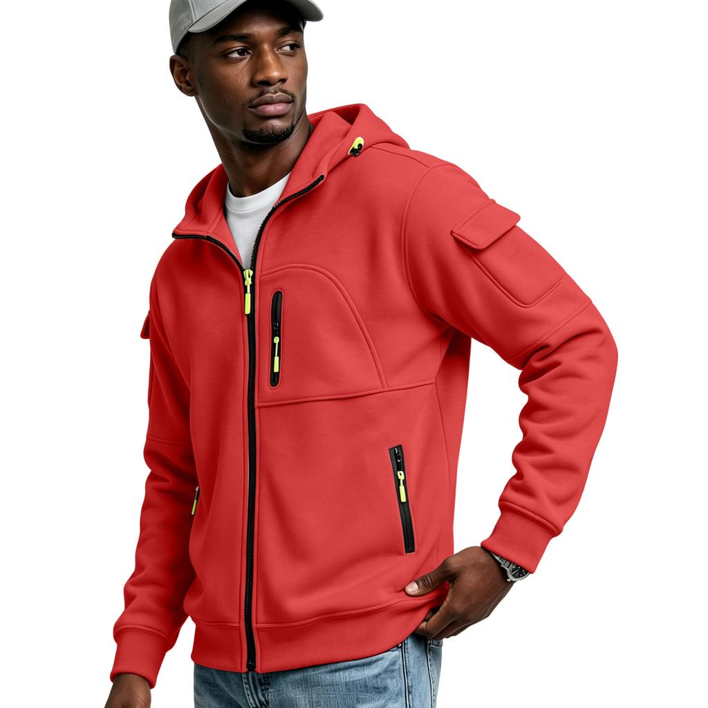 Men's Multi-Pocket Zip-Up Hoodie Casual Jacket for Outdoor Sports