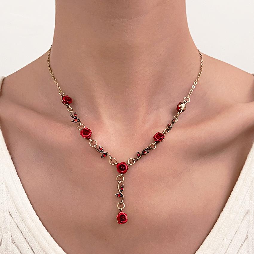 Vintage Gold Red Rose Jewelry Set, Floral Necklace, Bracelet & Drop Earrings for Women
