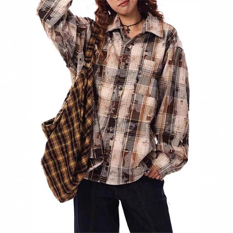 Women Loose Distressed Plaid Long Sleeve Vintage Casual Shirt Blouse Outerwear