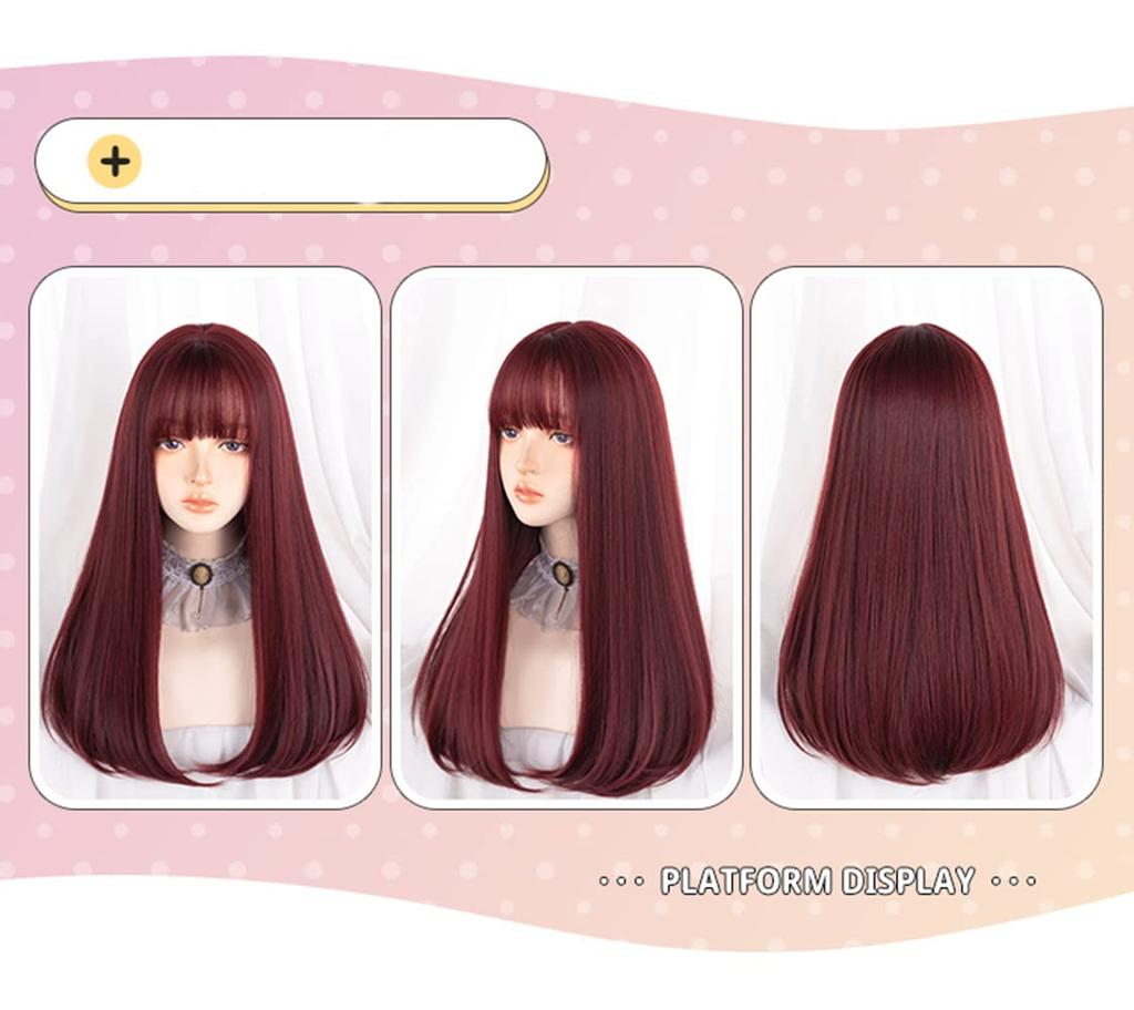 Eileen Cute Wine Red Medium Long Full Harajuku Small Face Comes with Net Wig, Wig, Women's Wig, Straight, Natural, Style, Popular, Effect,