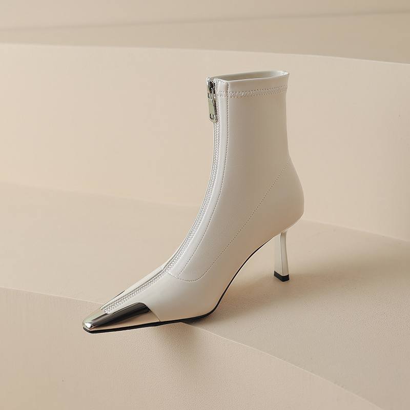 Krazing Pot Microfiber Basic Design Winter Pointed Toe Metal Thin High Heels Modern Boots Women Ankle Boots