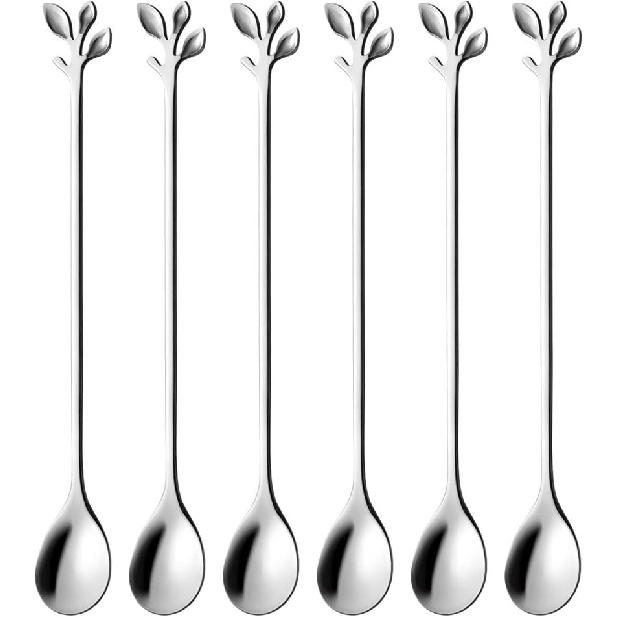 AnSaw 6-Piece Elegant Gold Leaf Long Handle Teaspoons - 7.4" Stainless Steel Stir Spoons for Coffee & Tea, Perfect for Mixing & Stirring