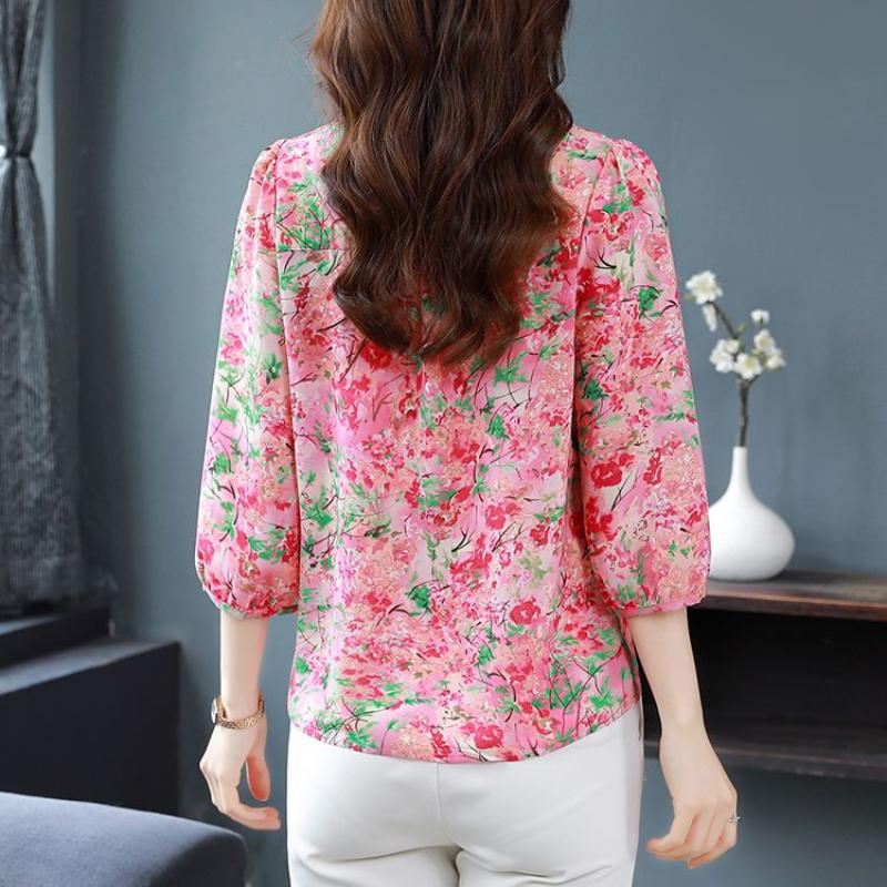 Nine Quarter Sleeve Chiffon Shirt Women Loose Fitting Mother's Bottoming Blouse Floral Top M-4XL
