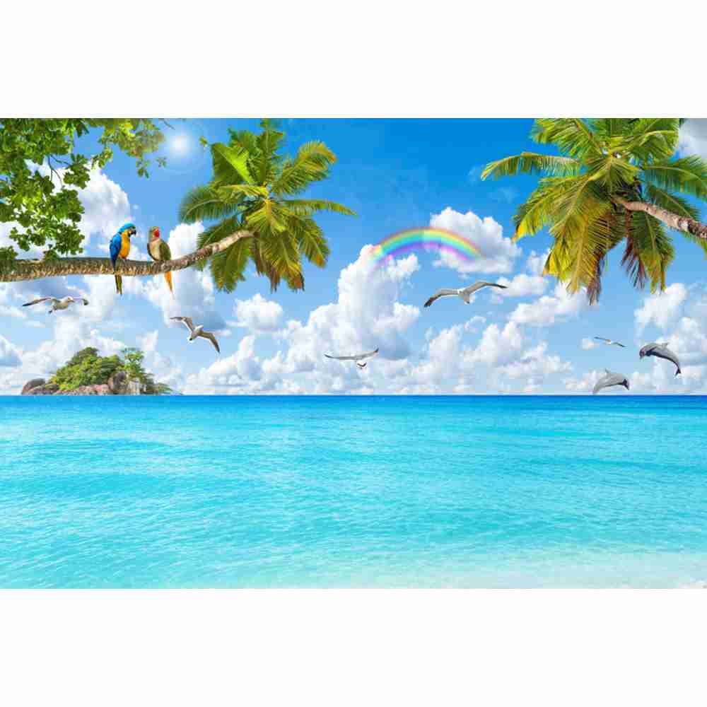 Sommer Strand Wellen Palmen Blauer Himmel Sonnenaufgang Ozean Thema Kulisse, Geburtstagsparty, Heimdekoration Fotografie Kulissenstoff