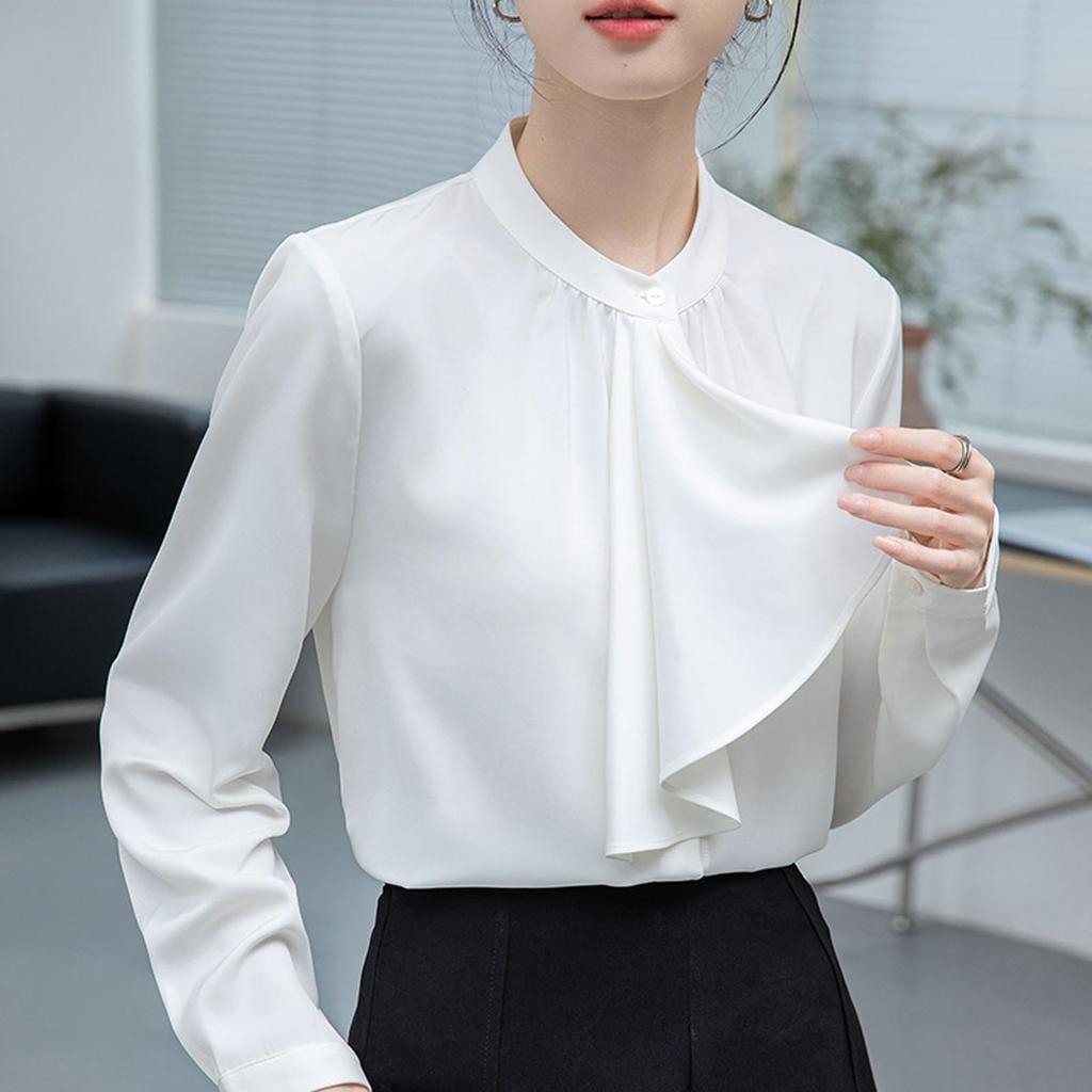 [SYitong] Women's Long-Sleeved Plain Blouse, Stylish, Washable, Collarless, White/Pink, Lined, Business/Office, Cute, Popular, Date, Outing, Commuting