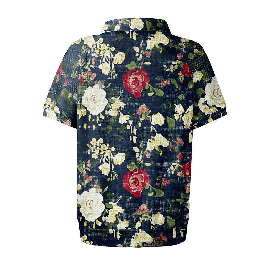 Damen-T-Shirt mit lässigem Blumendruck, V-Ausschnitt, kurzen Ärmeln und dekorativen Knöpfen