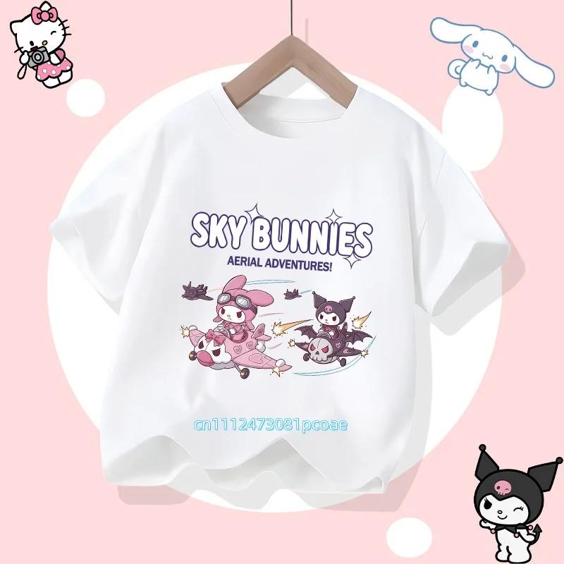 Kuromi Children's Pure Cotton Short-Sleeved Girls' Casual Shirt - Summer T-Shirt with Cartoon Print- Three Little Monkeys Series