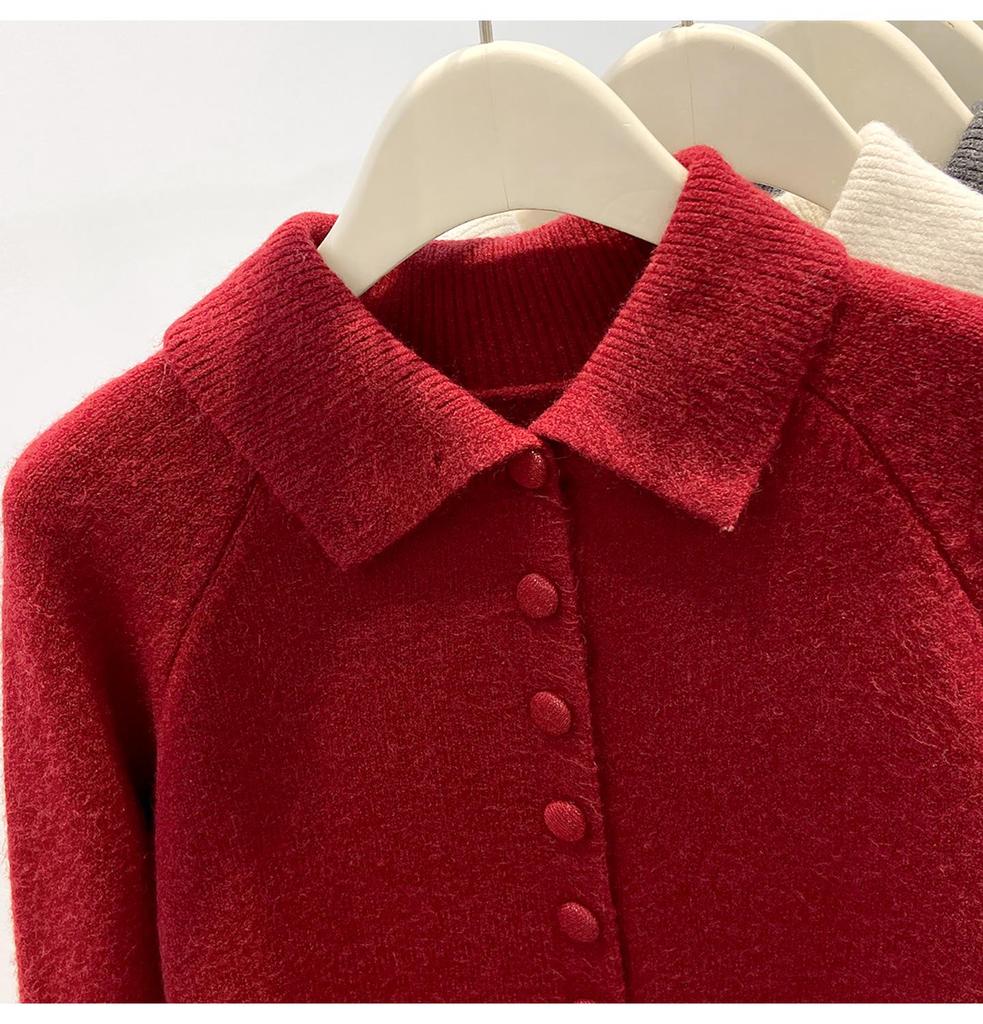 Women's Polo Collar Knitted Cardigan - Thick, Stylish, High Collar, Single-Breasted for Autumn and Winter