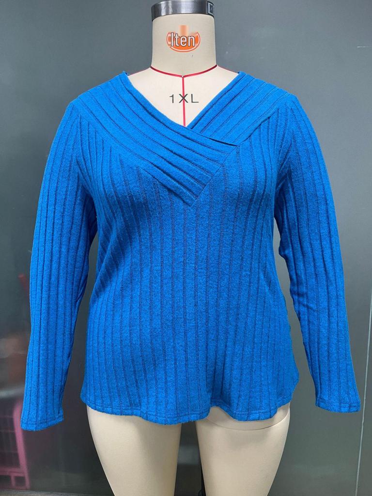 2025 Autumn/Winter Plus Size Solid Color V-Neck Long Sleeve Ribbed Pullover T-shirt