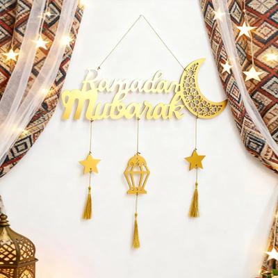 Islamische Ramadan Eid Mubarak Holz Wanddeko Gold Acryl Mond Stern Laterne Quaste Hängeornamente für Muslimisches Zuhause Party Geschenk