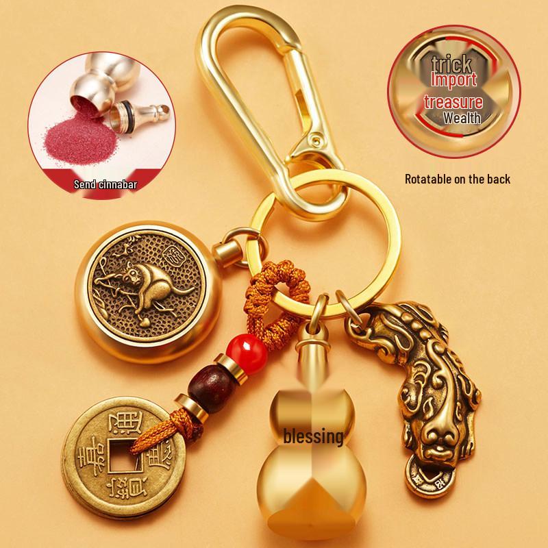 Pixiu Guardian Brass Pendant: Five Emperors Coins & Zodiac Buddha Keychain for Wealth & Protection