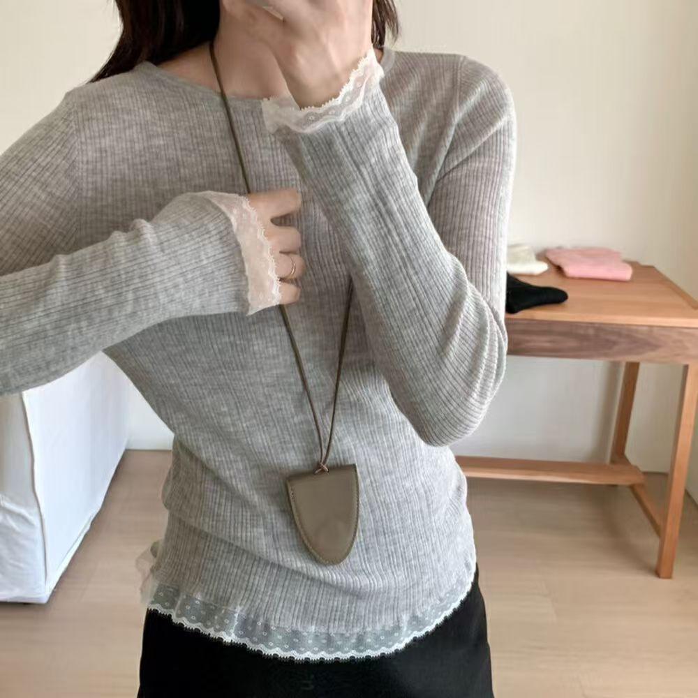 

Женская верхняя одежда с кружевной отделкой, длинным рукавом и круглым вырезом, мягкий вязаный свитер, осенний облегающий топ-базовый слой для ношения под одеждой XL