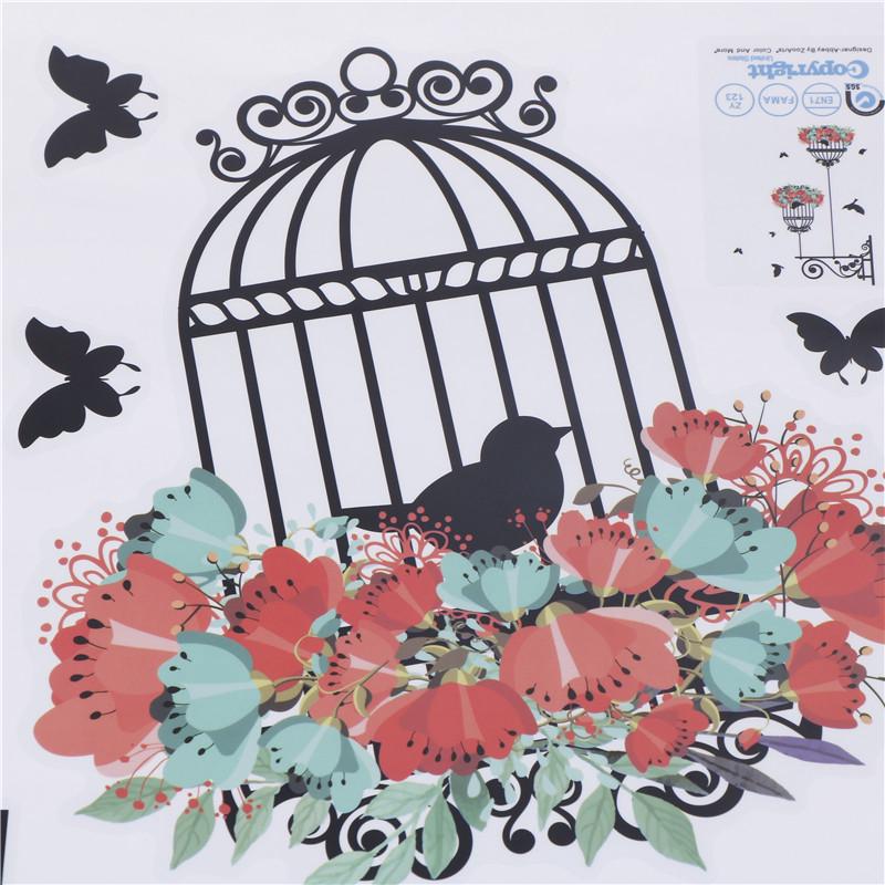 Colorful Flower Birdcage Wall Sticker Decals Flying Birds Plants Adhesive Room Wallpaper Decor