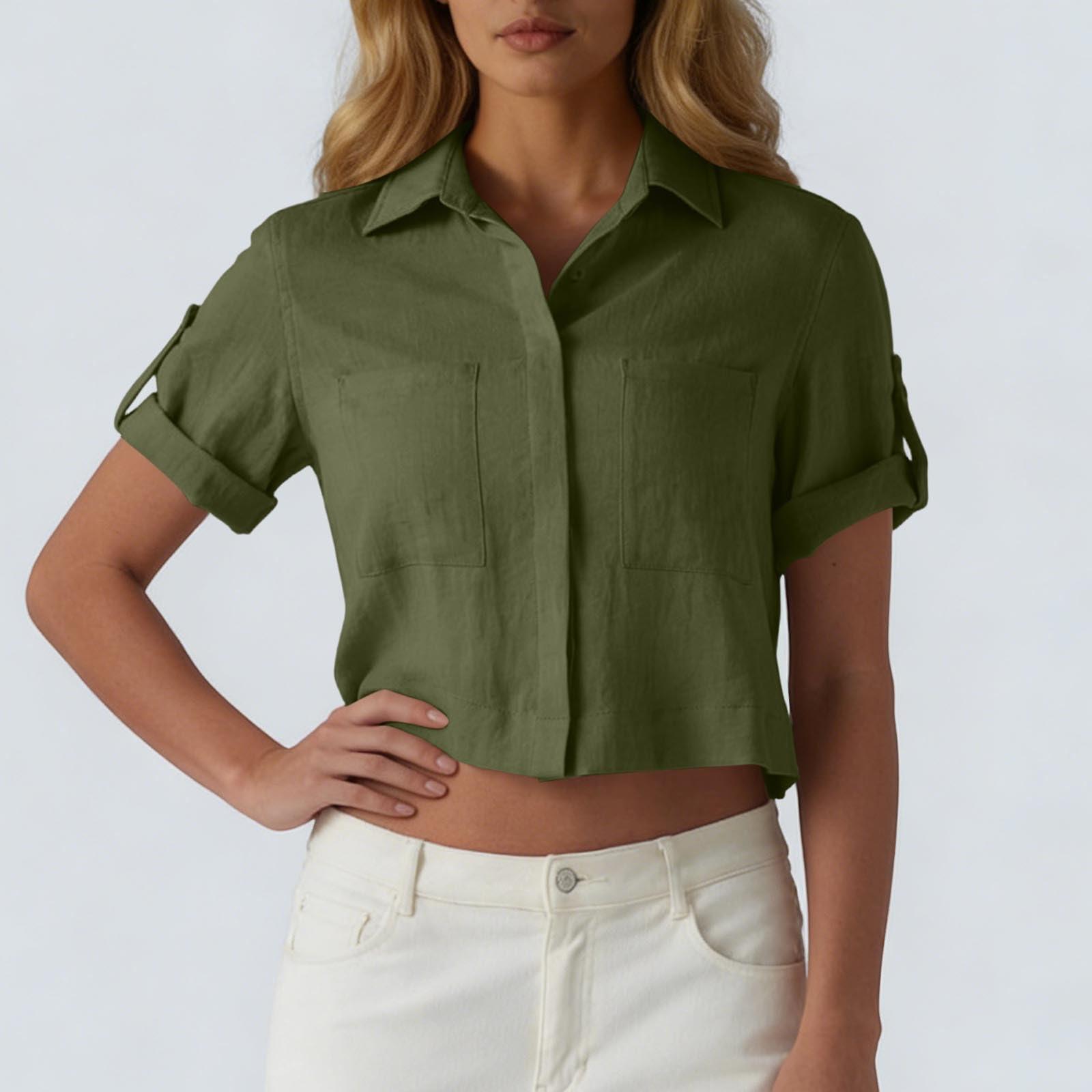 

Fashionable Women s Short Sleeved Slim Fit Revealing Color Button Up Lapel Pocket Shirt L армия зеленый