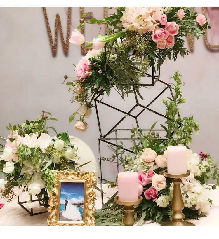 Geometric Gold Flower Wedding Aisle Runner & Artificial Flowers Display