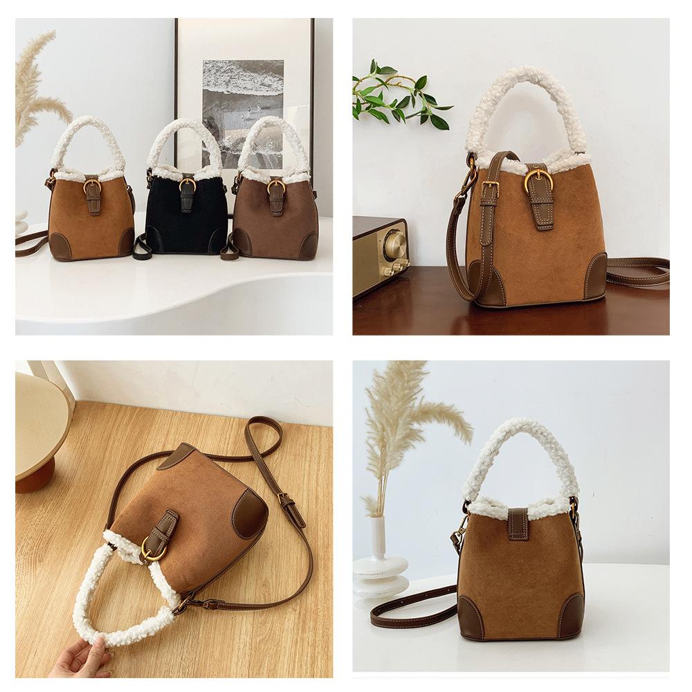 Light Luxury Fashion Women's Shoulder Bags High Quality PU Bag Body Plush Handle Ladies Messenger Bag Casual Retro Female Bucket Bag Mother's Day Gift