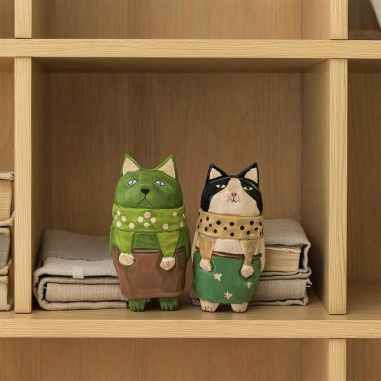 Wooden Hand-Carved Cat Figurine, Artistic Kitten Ornament, Rustic Collectible Kitty Sculpture, Unique Desktop Ornament Birthday Gift for Friends Cat