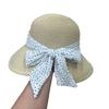 French Hepburn wind polka dot bow straw bucket hat women's summer foldable eaves sunshade sun protection beach hat