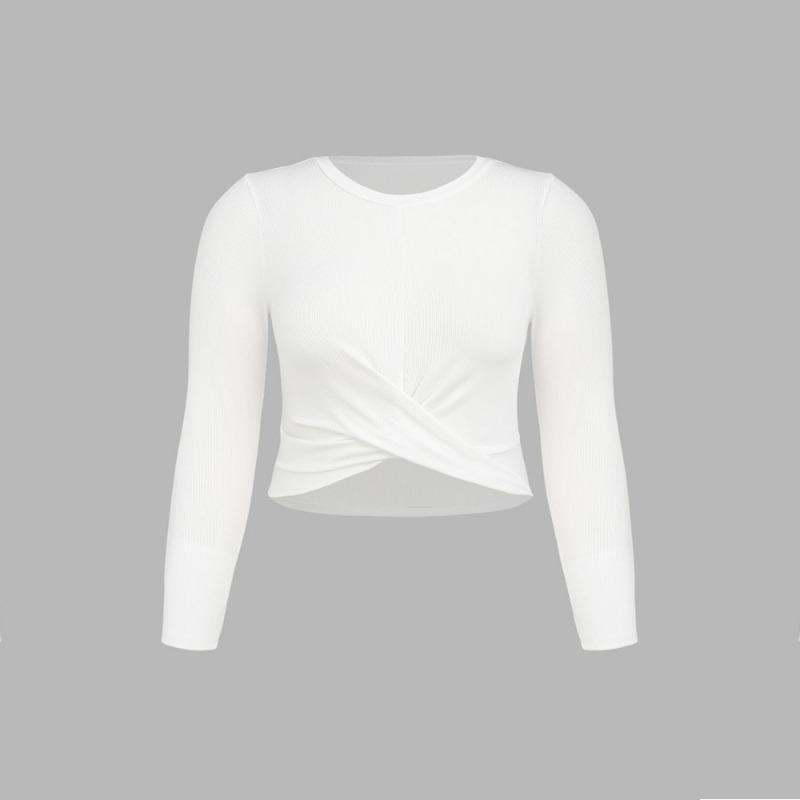 

Повседневный однотонный пуловер с круглым вырезом, Женская шикарная футболка с длинными рукавами и запахом спереди, завязка на узле и рюшами, футболка больших размеров, облегающий укороченный топ, пригородный укороченный топ 3XL белый