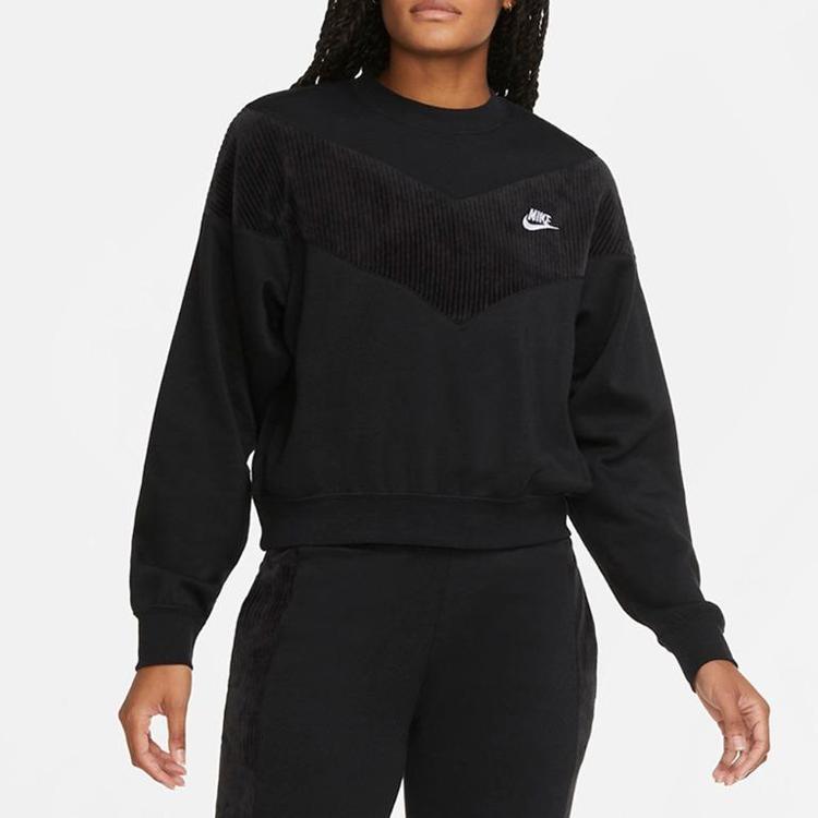 Nike Heritage Crew Velour Long Sleeve Sweatshirt Women Tops Black CZ1877-010