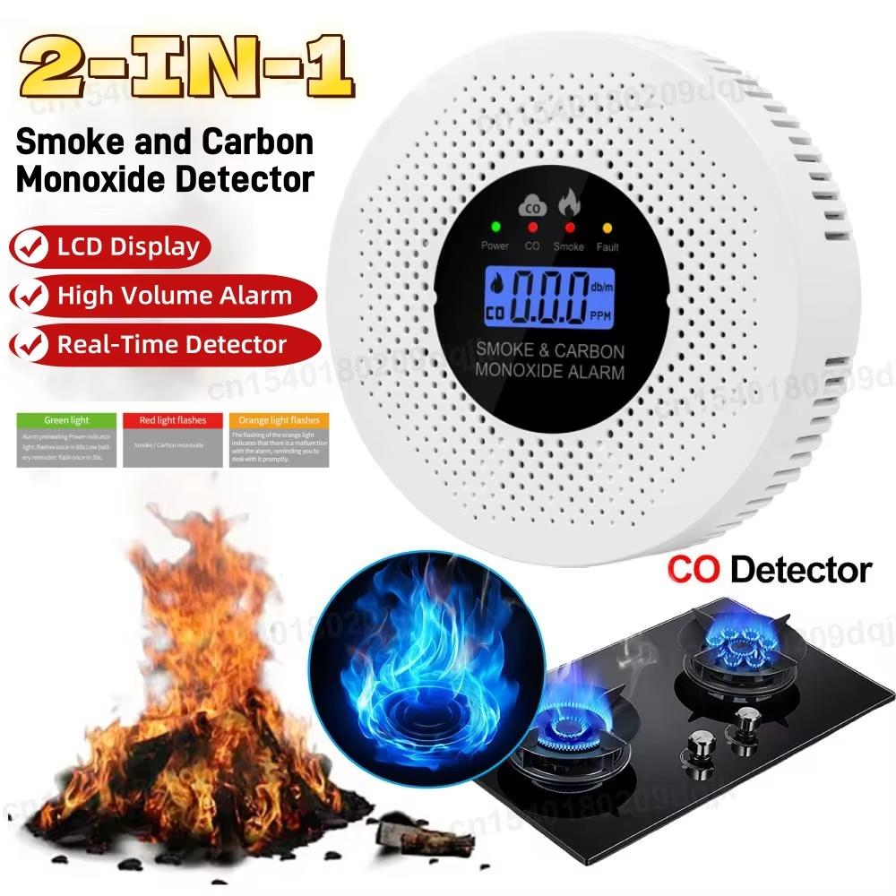 2 in 1 Carbon Monoxide Alarm Detector Battery Powered Smoke and Carbon Monoxide Detector Alarm LCD Display CO Detector for Home