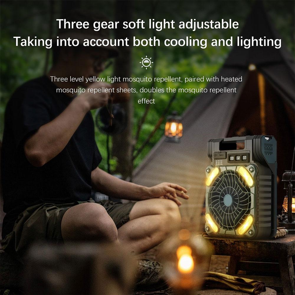 Portable Desk Fan 90°tiltadjustable Solar Rechargeable Camping Fan 4-speeds wind with timer,3modes LED Light,Emergency Power Fan