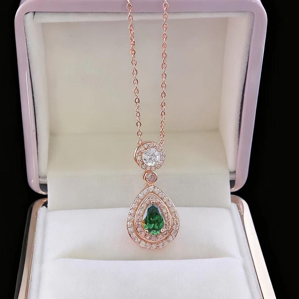 Rose Gold Plated Cultivated Ruby Emerald Colored Treasure Droplet Pendant Necklace Women'S Fashion Emerald Clavicle Chain