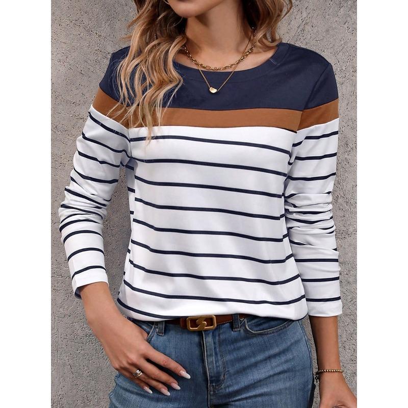 Women s T shirt Crew Neck Long Sleeve Tunic Graphic Striped Stylish Classic Casual  Regular Tops S