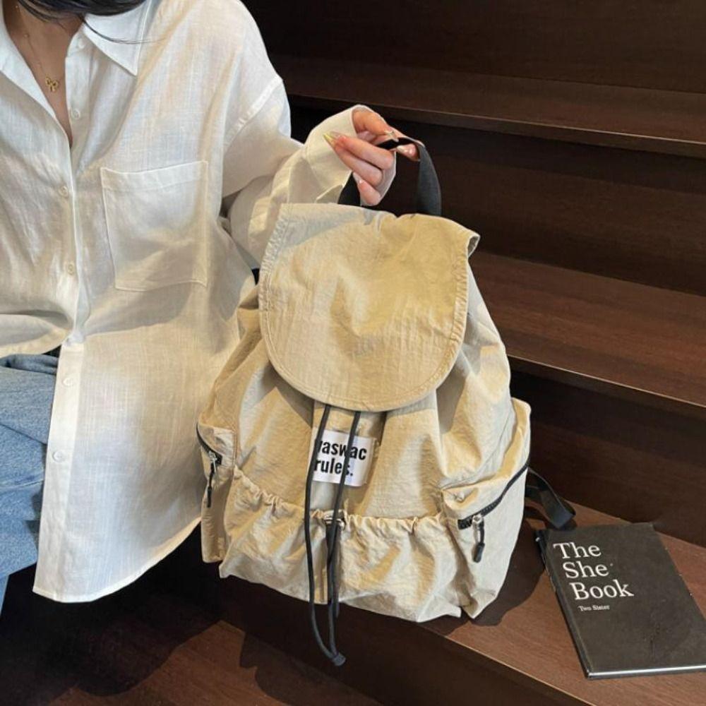 Solid Color Ruched Shoulder Bags Nylon Student Schoolbag Simple Drawsting Backpacks  Outdoor