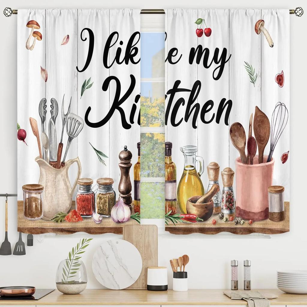 2pcs Farmhouse Kitchen Curtains Rustic Country Short Fork and Spoon Knife Savor Vintage Cafe Curtains For Bedroom Living Room