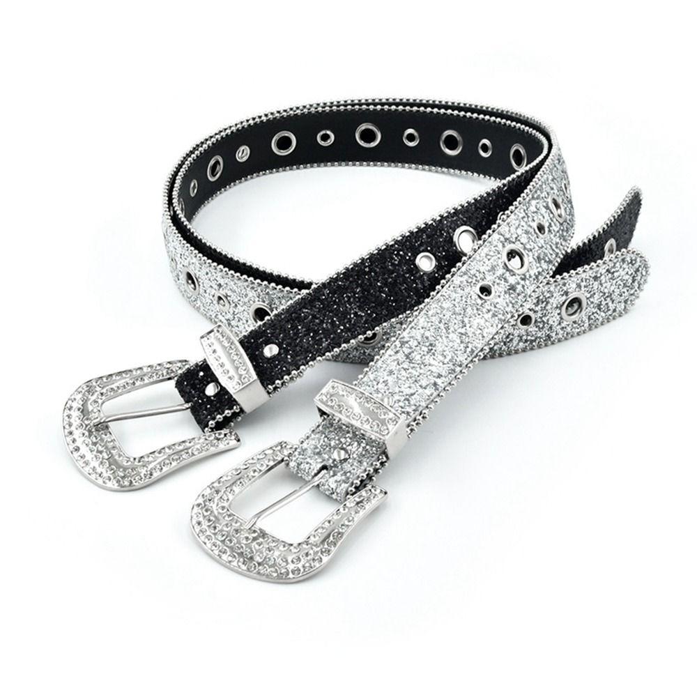 Beads Bordered Shiny Wide Belt Solid Color Women PU Belt Vintage Rhinestone Waistband  Ornament