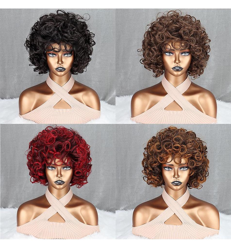 MISS WIG Braune, gemischte, goldene, kurze, lockige Perücke, afrikanische Locken, große Rollenperücke für Damen, tägliches Cosplay, synthetische Hochtemperaturfaserperücke