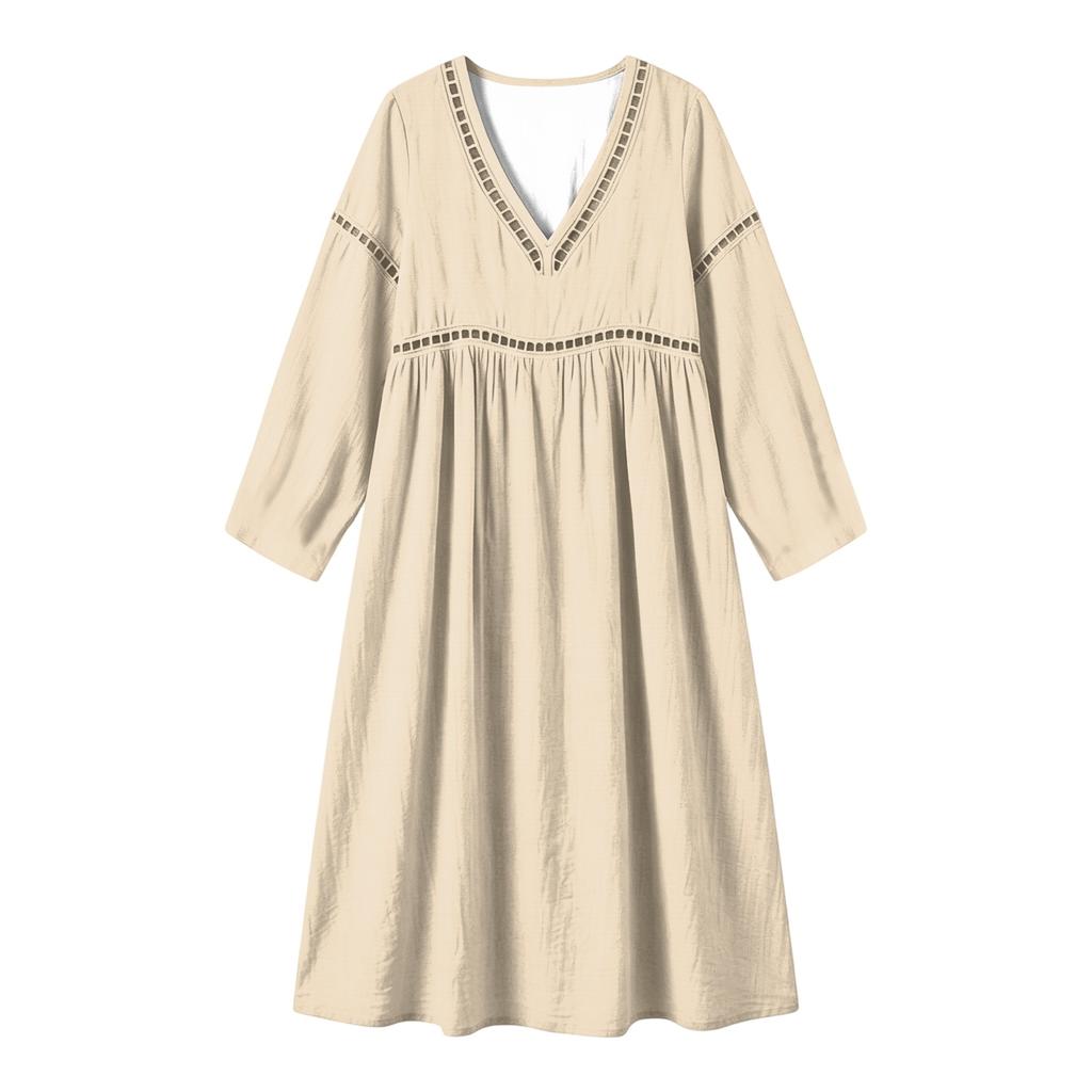 Fashionable Lady's V-neck Mid-length Casual Long-sleeved Dress