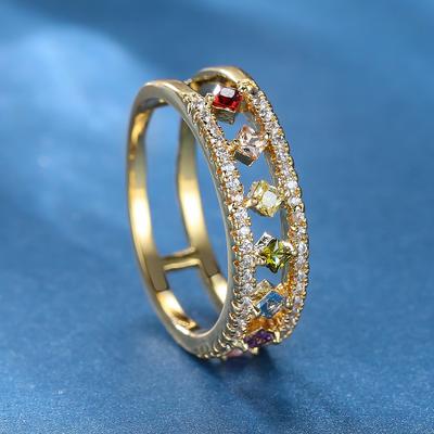 Electroplated Micro Inlaid Zircon Temperament Hollow Diamond Colored Zircon Ring Minimalist Ring